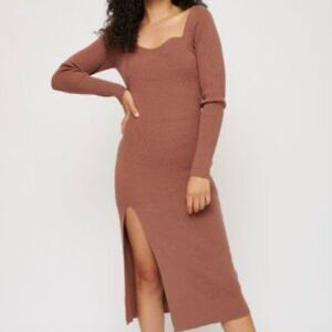 M Sweetheart Neck Ribbed Brown Long Sleeve Midi Bodycon Dress